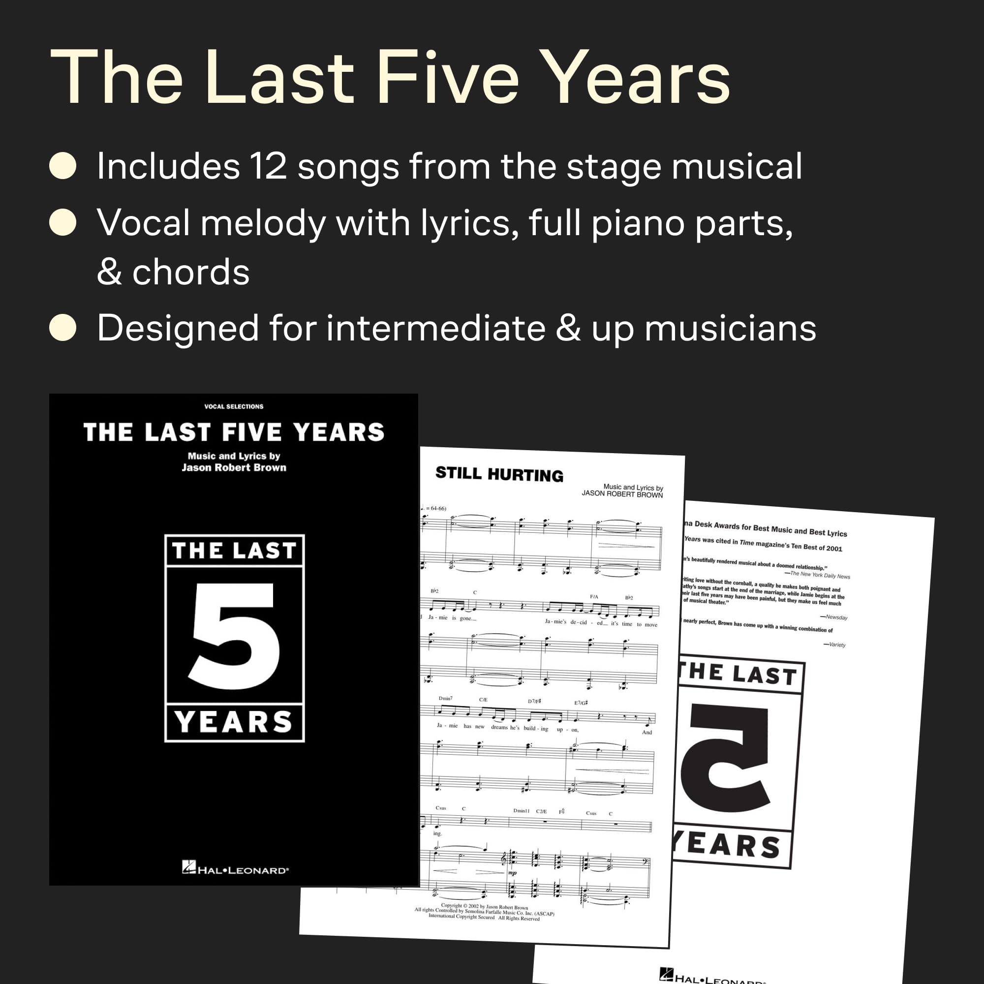 The Last Five Years - Vocal Selections | Sheet Music Book for Piano/Vocal/Guitar | Contemporary Musical Theatre Songs by Jason Robert Brown for Intermediate Singers Students and Audition Performance