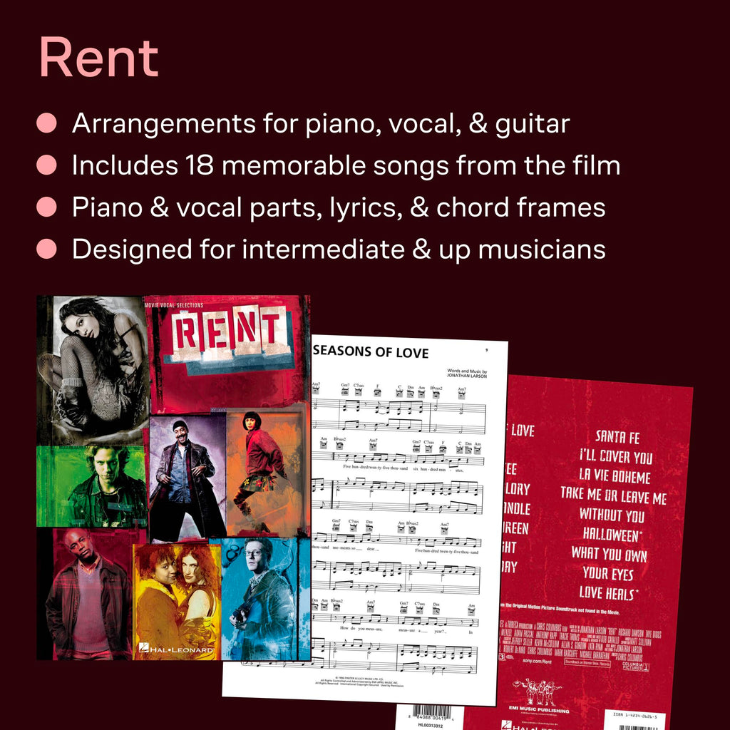 Rent: Movie Vocal Selections Songbook for Piano, Vocal and Guitar Chords | Broadway Sheet Music Collection from the Hit Musical Film | 18 Iconic Songs with Lyrics, Melody, and Guitar Chords