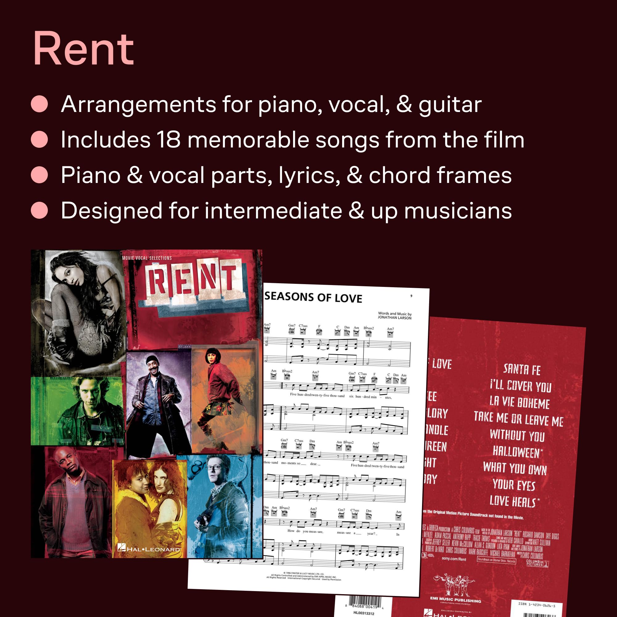 Rent: Movie Vocal Selections Songbook for Piano, Vocal and Guitar Chords | Broadway Sheet Music Collection from the Hit Musical Film | 18 Iconic Songs with Lyrics, Melody, and Guitar Chords