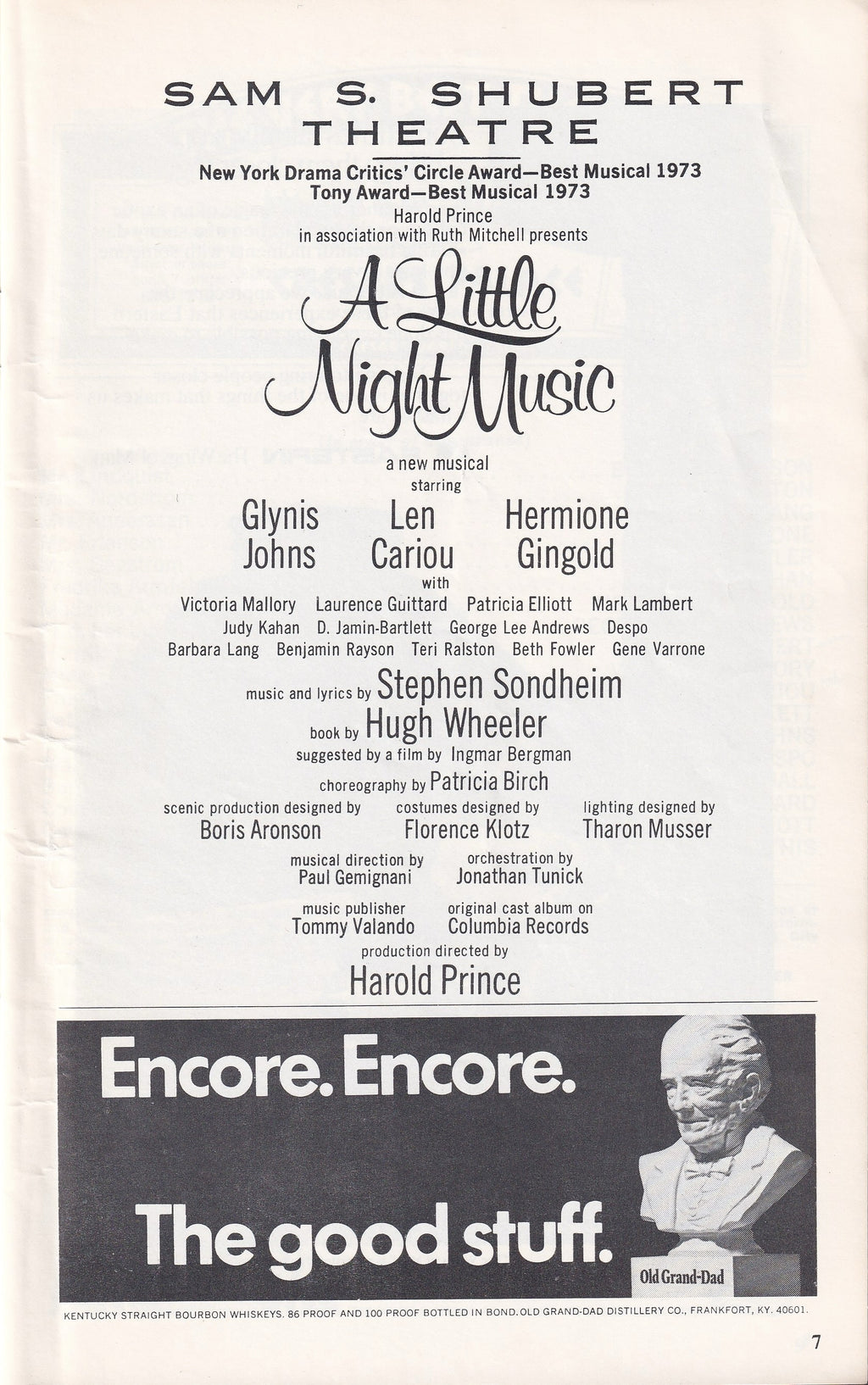 A Little Night Music Playbill | Sam S. Shubert Theatre (1973)