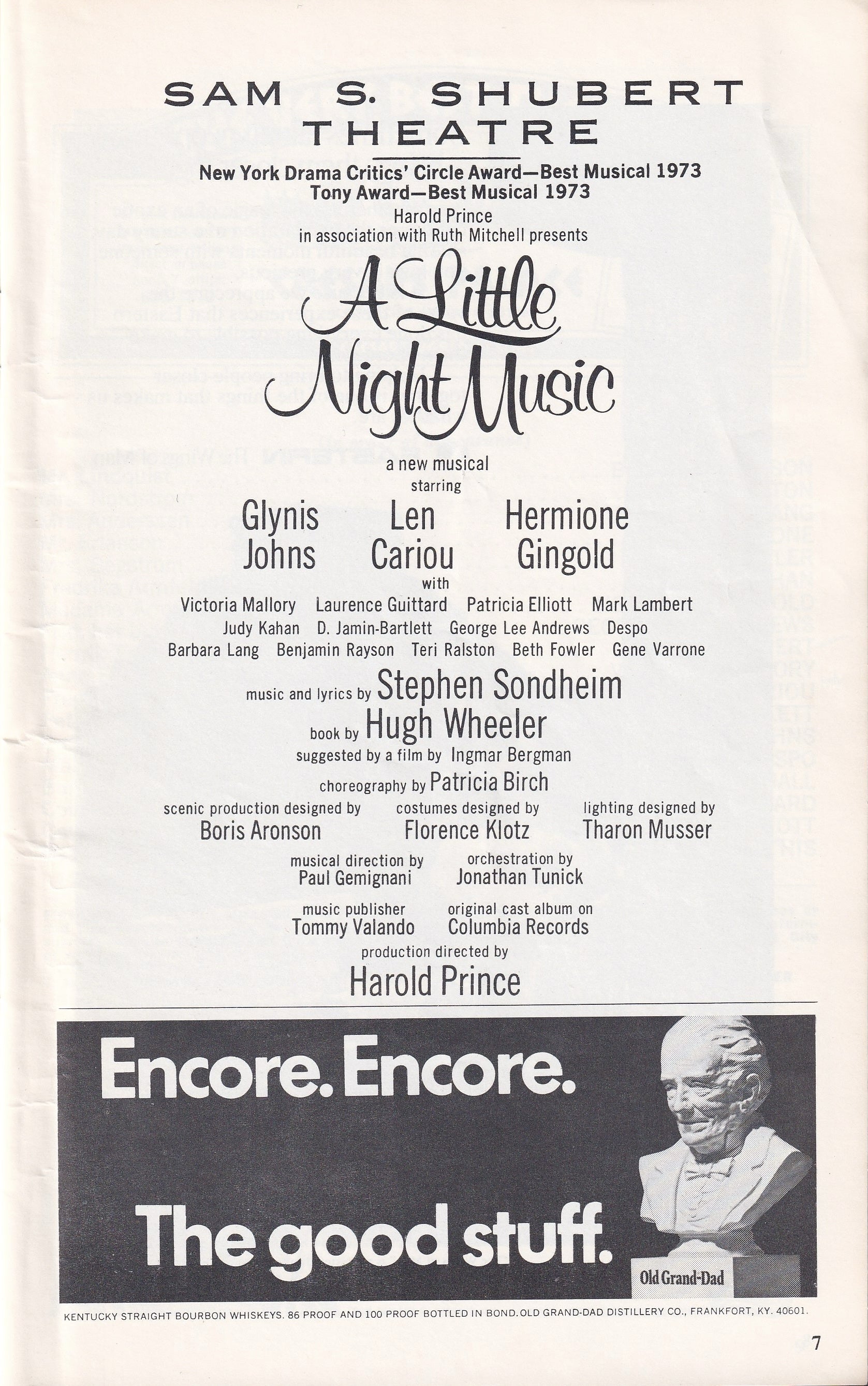A Little Night Music Playbill | Sam S. Shubert Theatre (1973)
