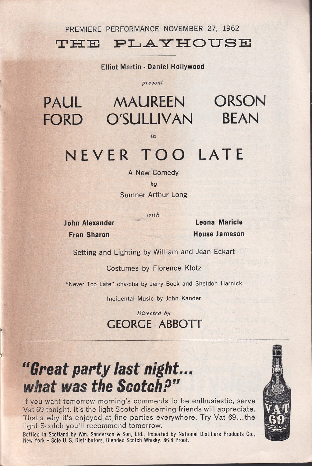 Never Too Late Playbill | The Playhouse (1962)