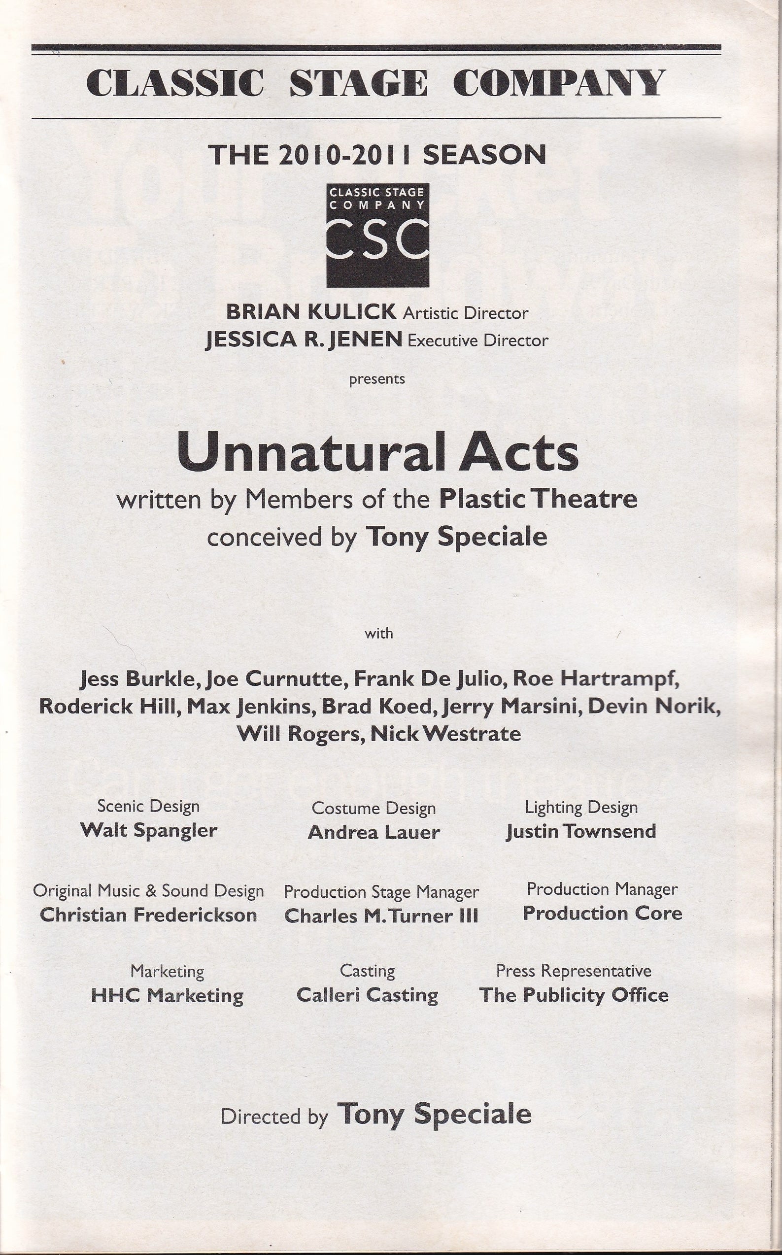 Unnatural Acts Playbill | Classic Stage Company (2011)