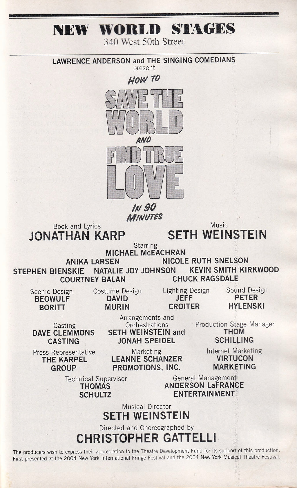 How to Save the World and Find True Love in 90 Minutes Playbill | New World Stages (2006)
