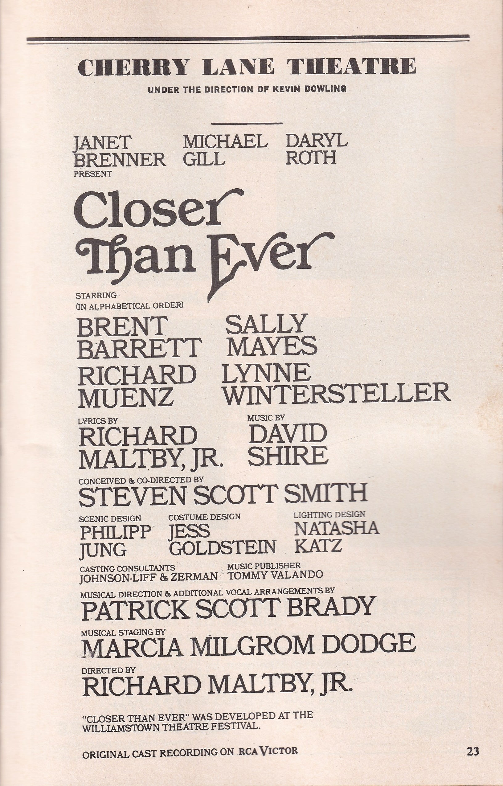 Closer Than Ever Playbill | Cherry Lane Theatre (1989)