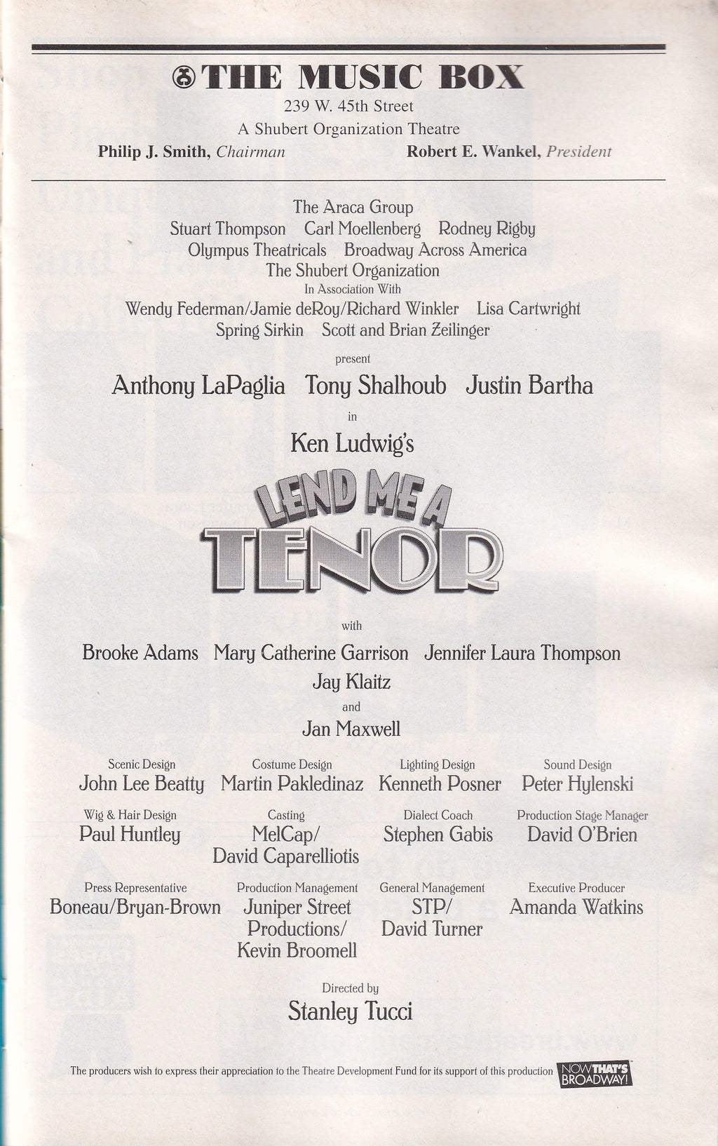 Lend Me a Tenor Playbill | The Music Box Theatre (2010)